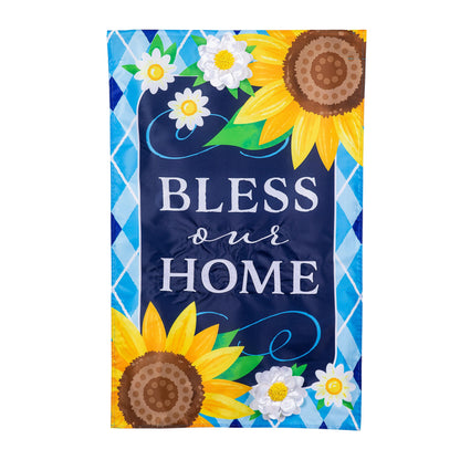 Bless Our Home Sunflowers Applique House Flag navy background with sunflowers & daisies by Evergreen on Tampa Home & Garden Store