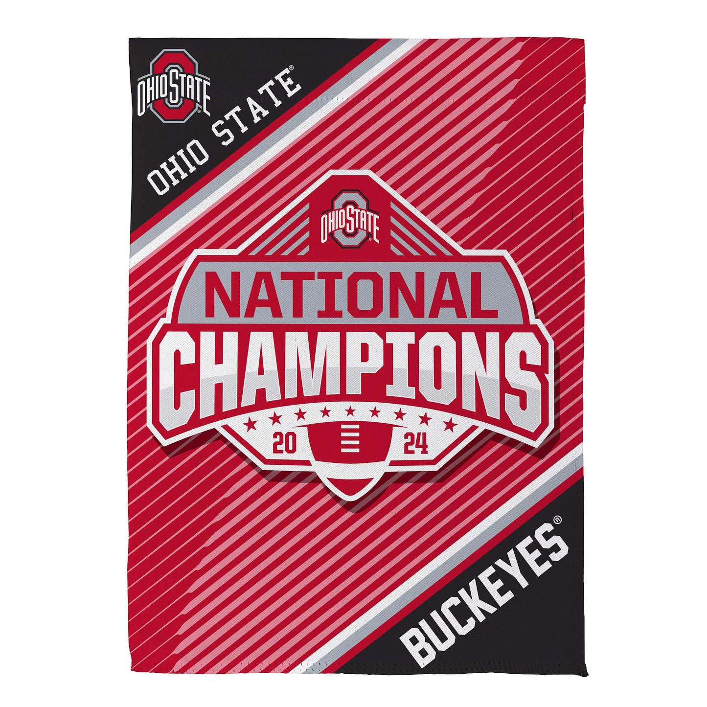 Suede flag Ohio State CFP National Champions 2025 design in red, black, gray with OSU logo on Tampa Home & Garden Store