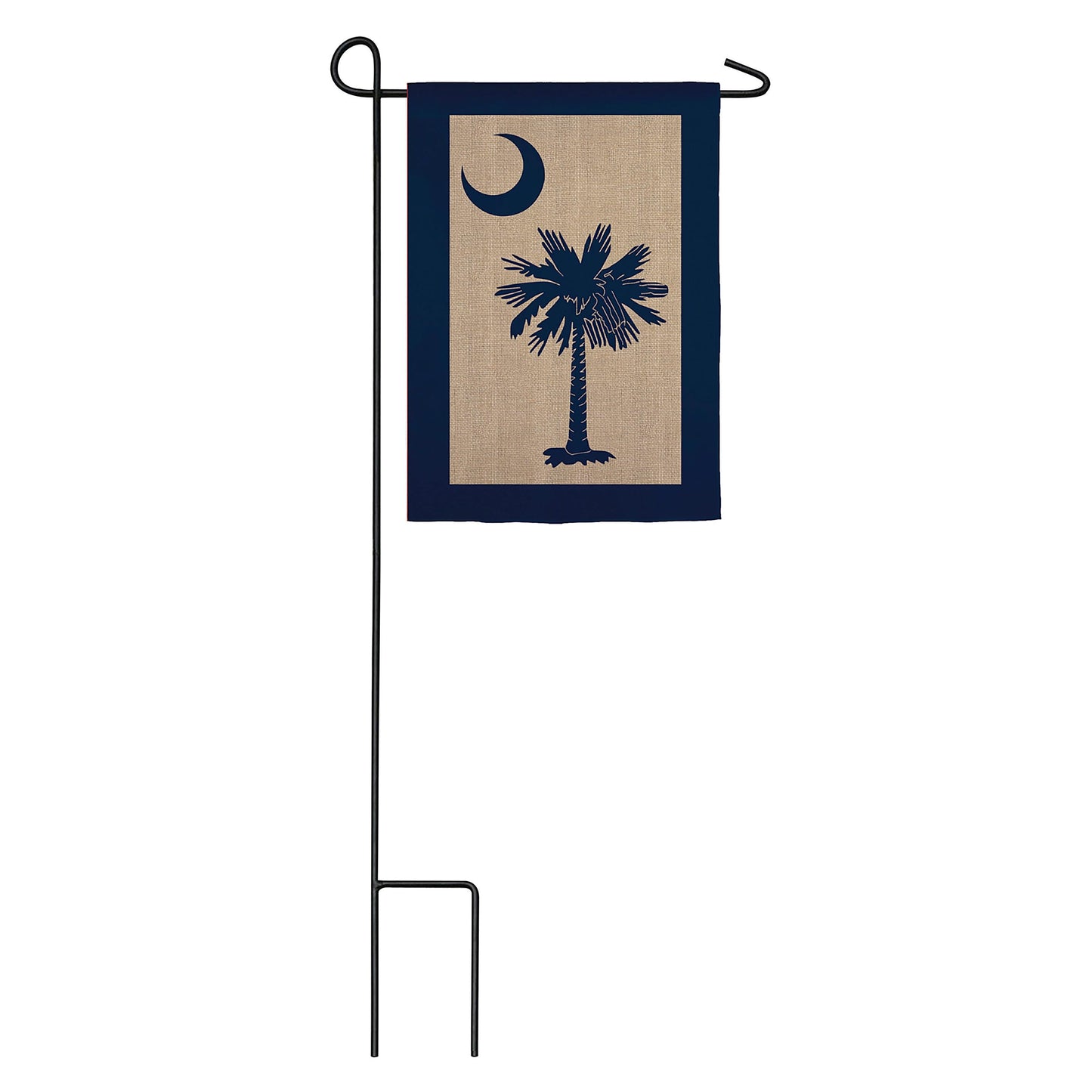 South Carolina Palmetto Burlap Flag on garden stake with beige center and navy palm, navy border on Tampa Home & Garden Store