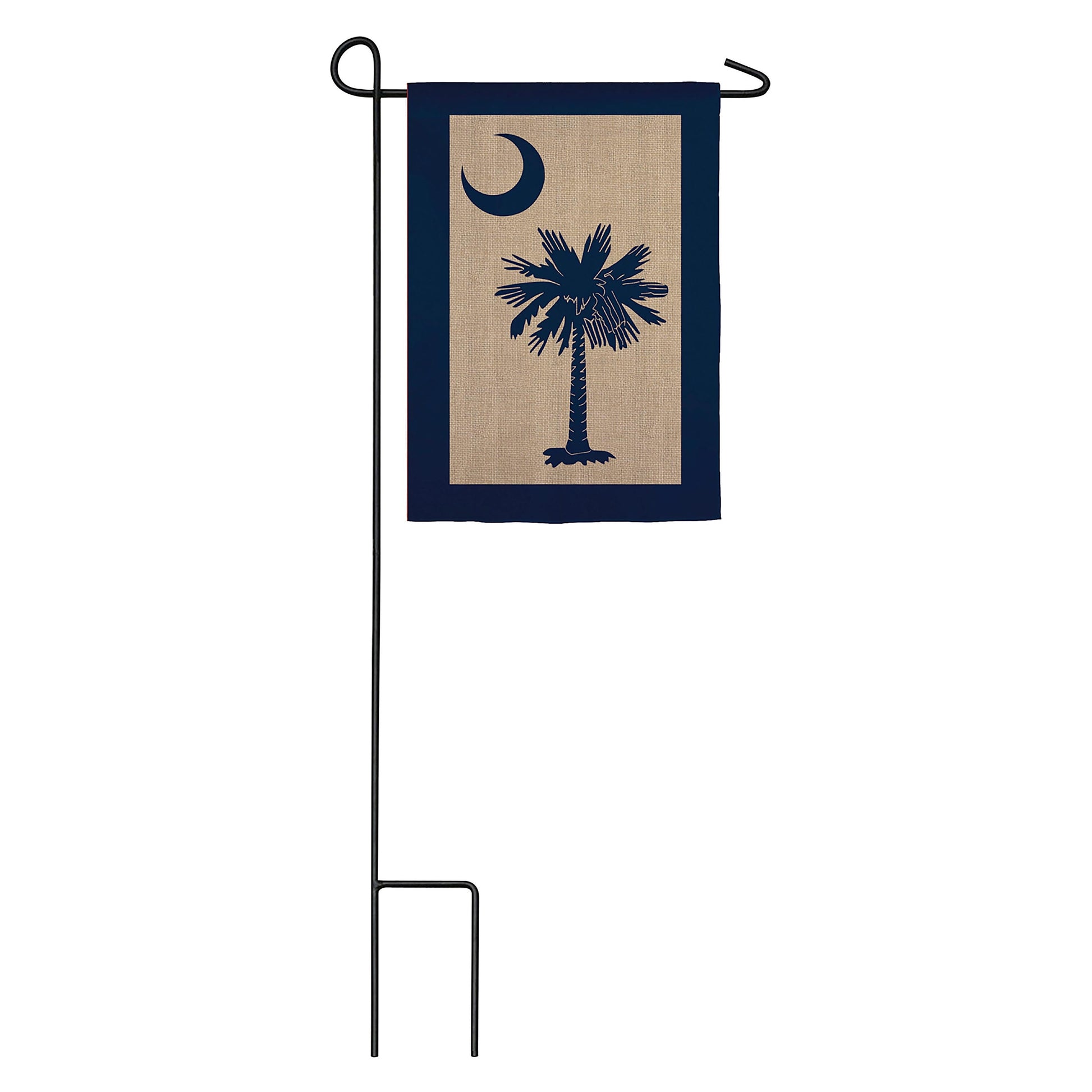 South Carolina Palmetto Burlap Flag on garden stake with beige center and navy palm, navy border on Tampa Home & Garden Store