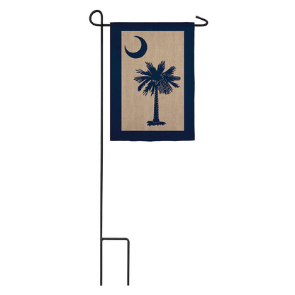 South Carolina Palmetto Burlap Flag on garden stake with beige center and navy palm, navy border on Tampa Home & Garden Store
