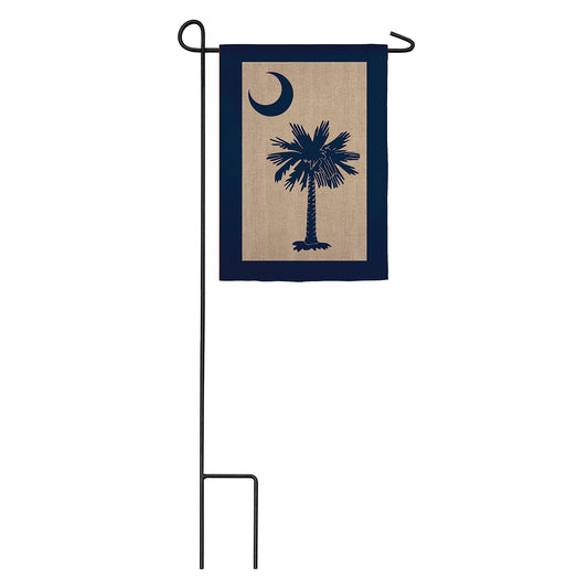 South Carolina Palmetto Burlap Flag on garden stake with beige center and navy palm, navy border on Tampa Home & Garden Store