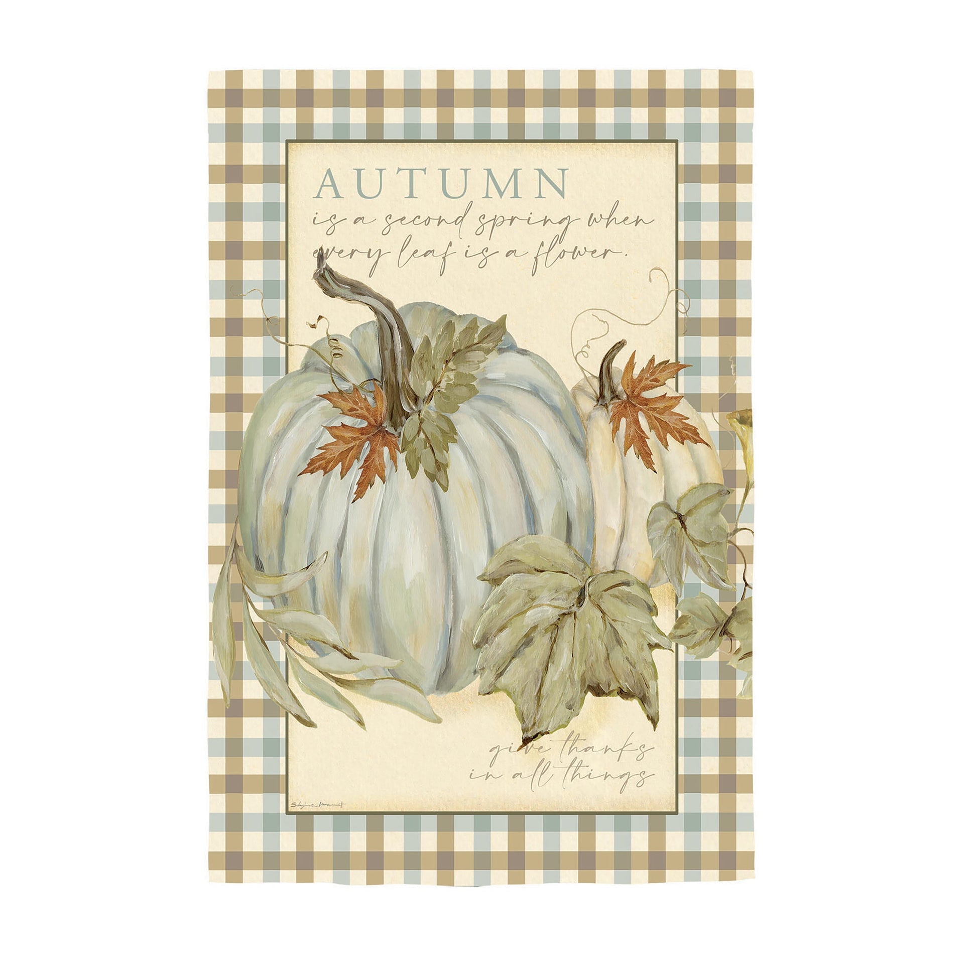 Autumn Harvest Moire Flags pumpkin motif on beige plaid border on Tampa Home & Garden Store