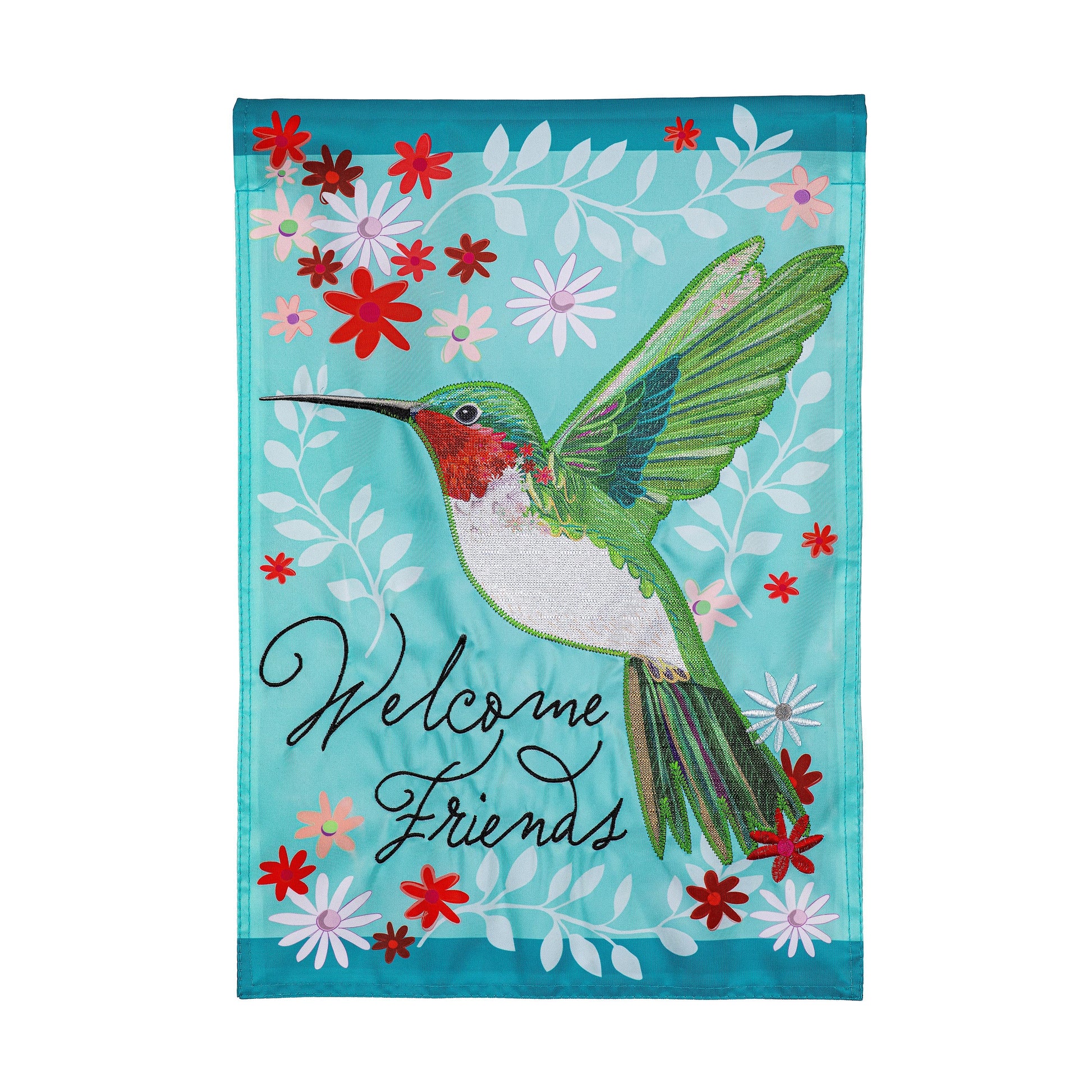 Hummingbird Welcome Applique Garden Flag Turquoise background with flowers and leaves on Tampa Home & Garden Store