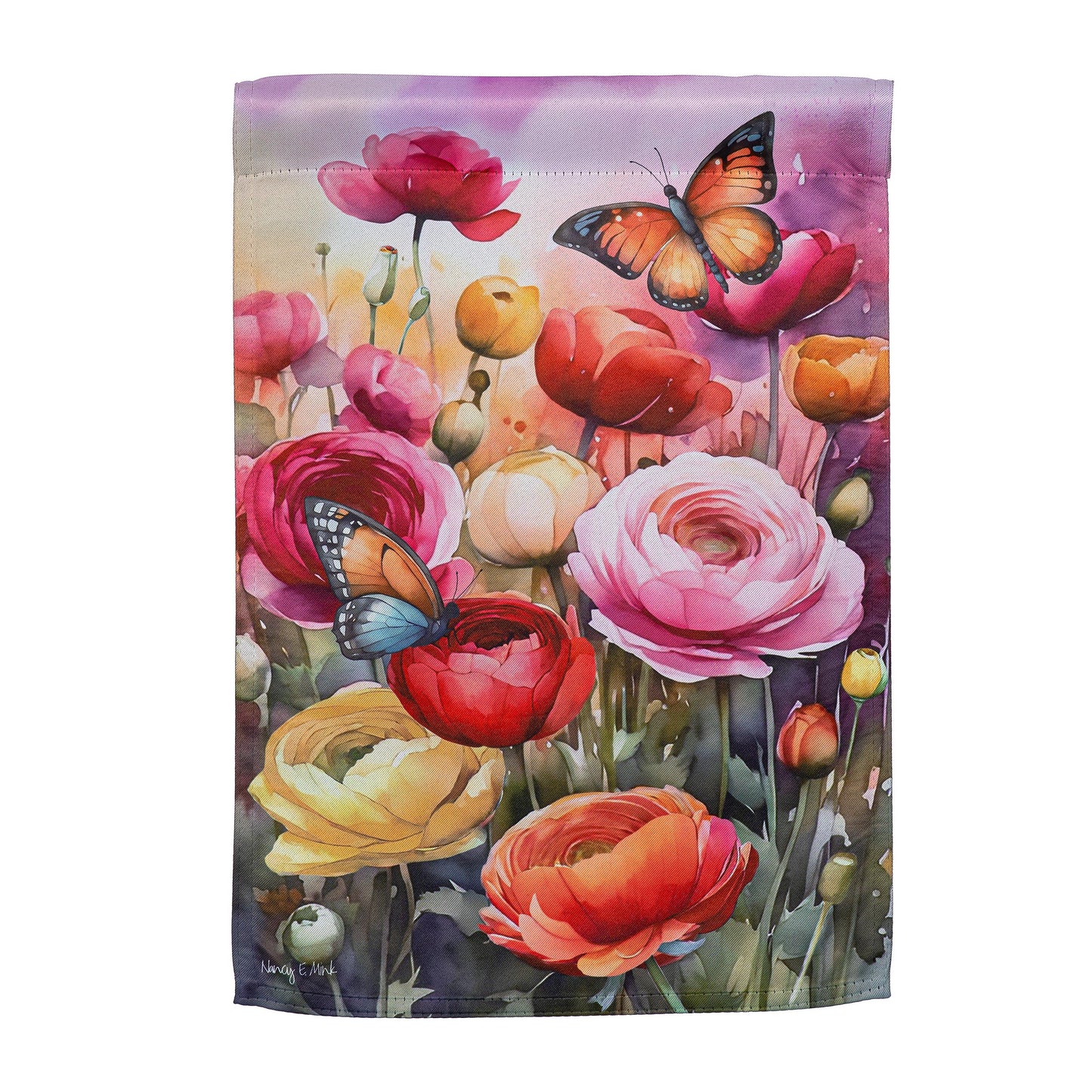 Sunset Garden Suede Garden Flag with pink/orange flowers and butterfly on purple backdrop on Tampa Home & Garden Store