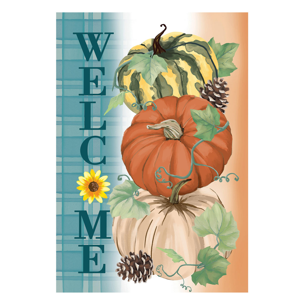 Pumpkin & Pine suede house flag with teal plaid backdrop, pumpkins, pinecones and sunflowers on Tampa Home & Garden Store