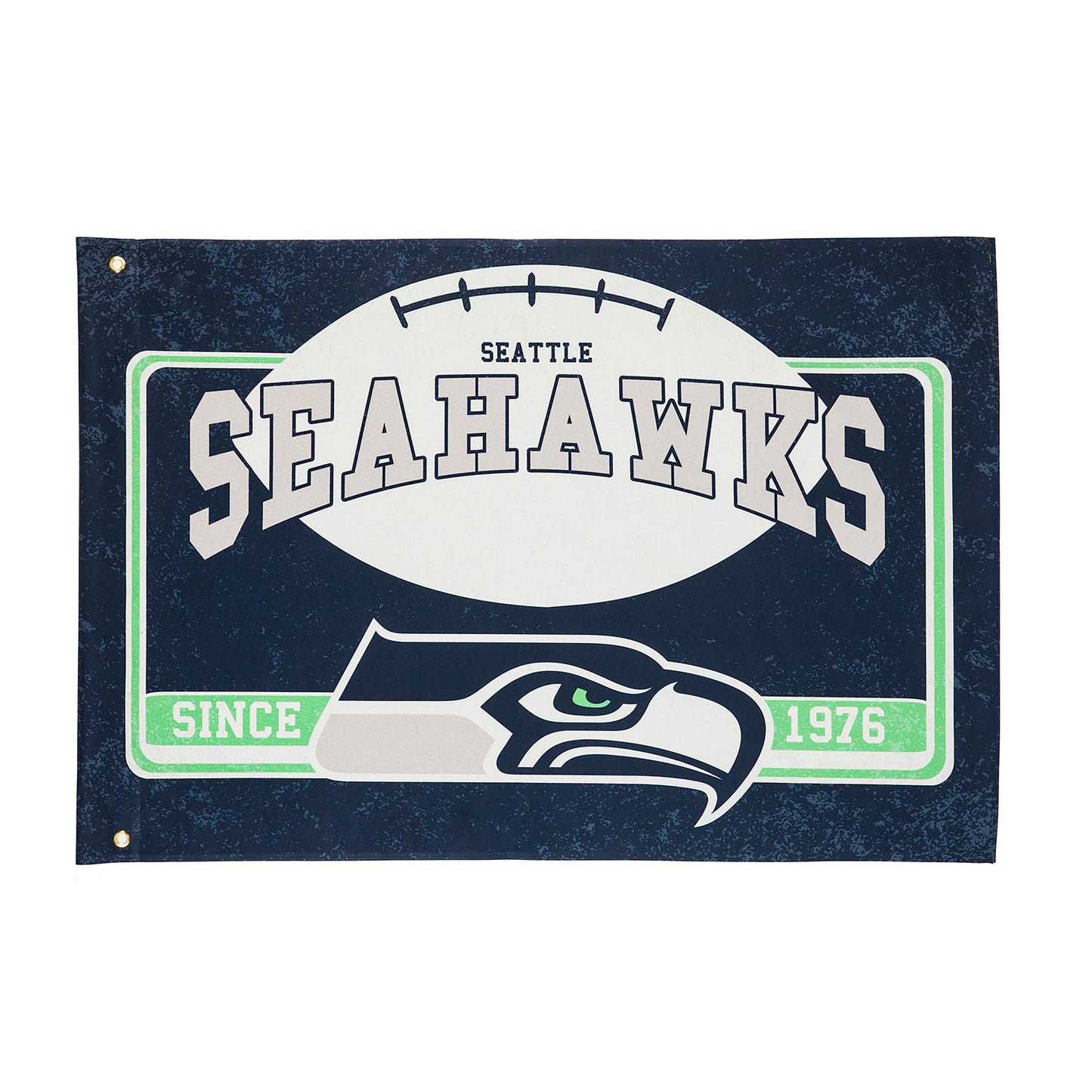 Seattle Seahawks linen flag navy background with green border grommet Evergreen Enterprises on Tampa Home & Garden Store