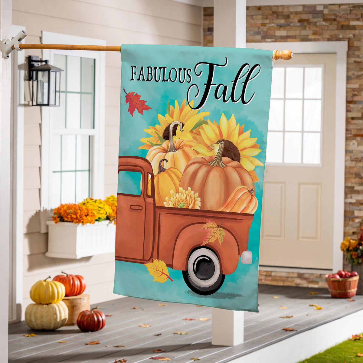 Pickup For Fall Suede House Flag turquoise background with pumpkins and sunflowers on porch on Tampa Home & Garden Store