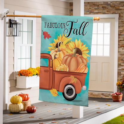 Pickup For Fall Suede House Flag turquoise background with pumpkins and sunflowers on porch on Tampa Home & Garden Store