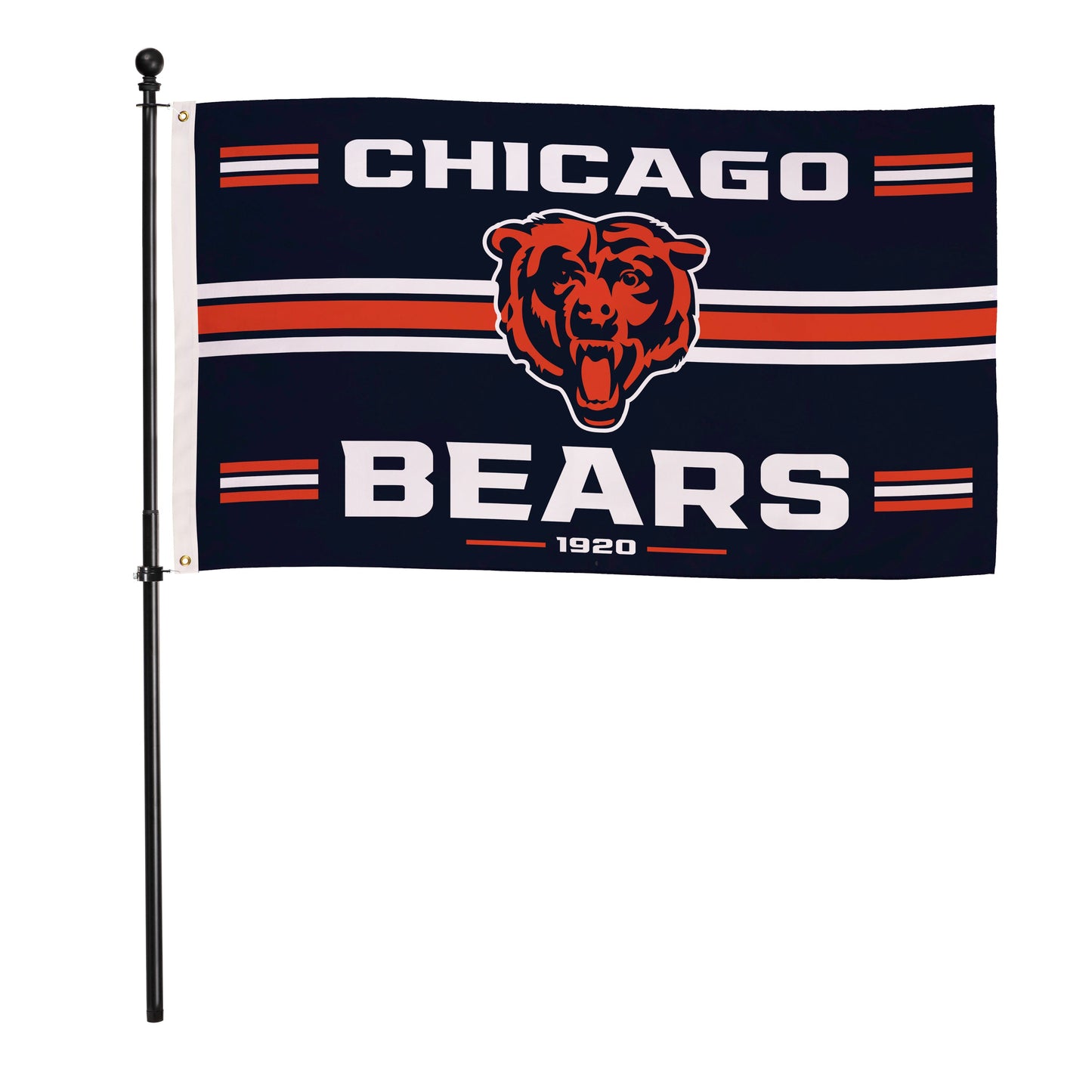 Chicago Bears 3x5 estate flag, 2 grommets on metal pole; with white CHICAGO and orange bear logo on Tampa Home & Garden Store