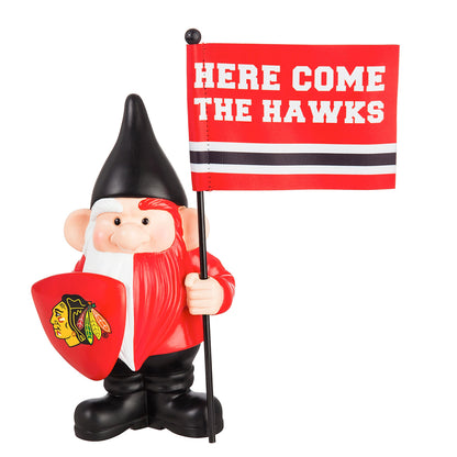 Chicago Blackhawks flag holder garden gnome with red flag reading HERE COME THE HAWKS on Tampa Home & Garden Store