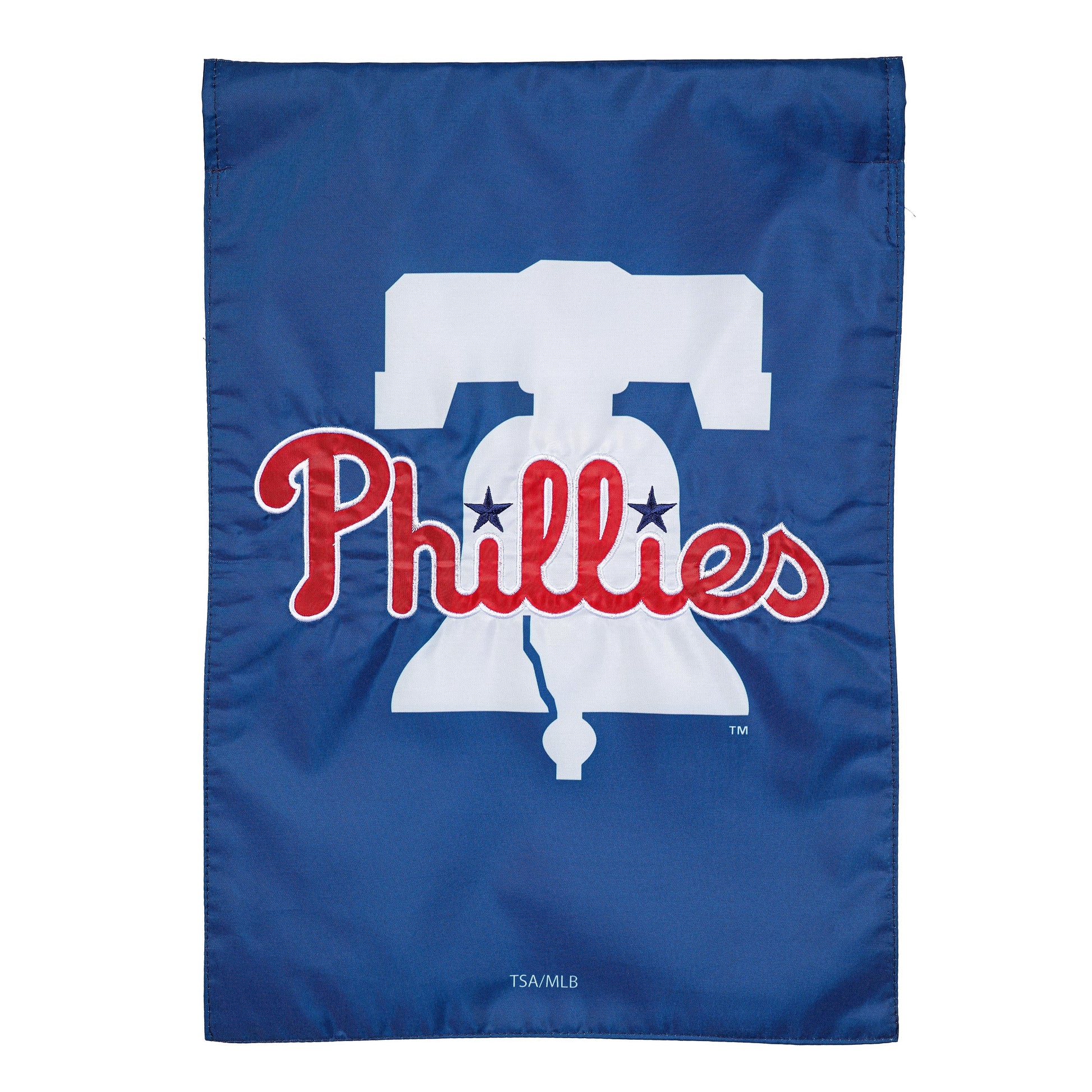 Philadelphia Phillies applique garden flag on blue background with red script Phillies on Tampa Home & Garden Store