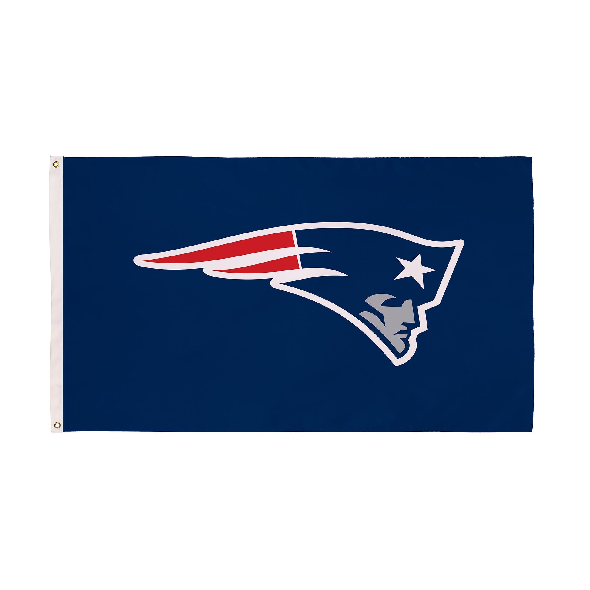 New England Patriots 3x5 flag, single-sided sublimated flag with blue field and partial logo, 2 grommets on white header on Tampa Home & Garden Store