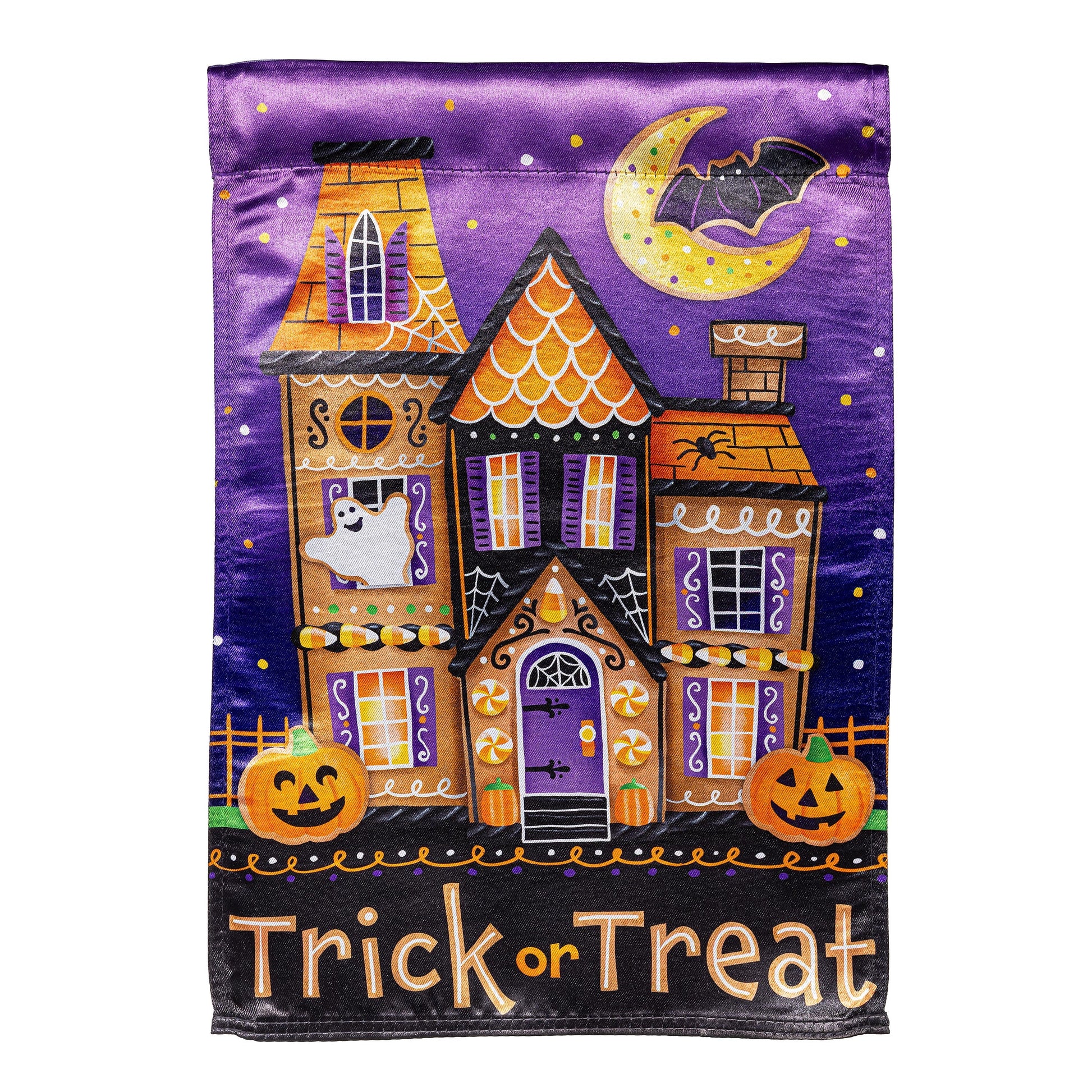Trick or Sweets Lustre Garden Flag purple Halloween houses moon bat pumpkins on Tampa Home & Garden Store