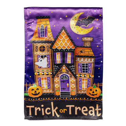 Trick or Sweets Lustre Garden Flag purple Halloween houses moon bat pumpkins on Tampa Home & Garden Store