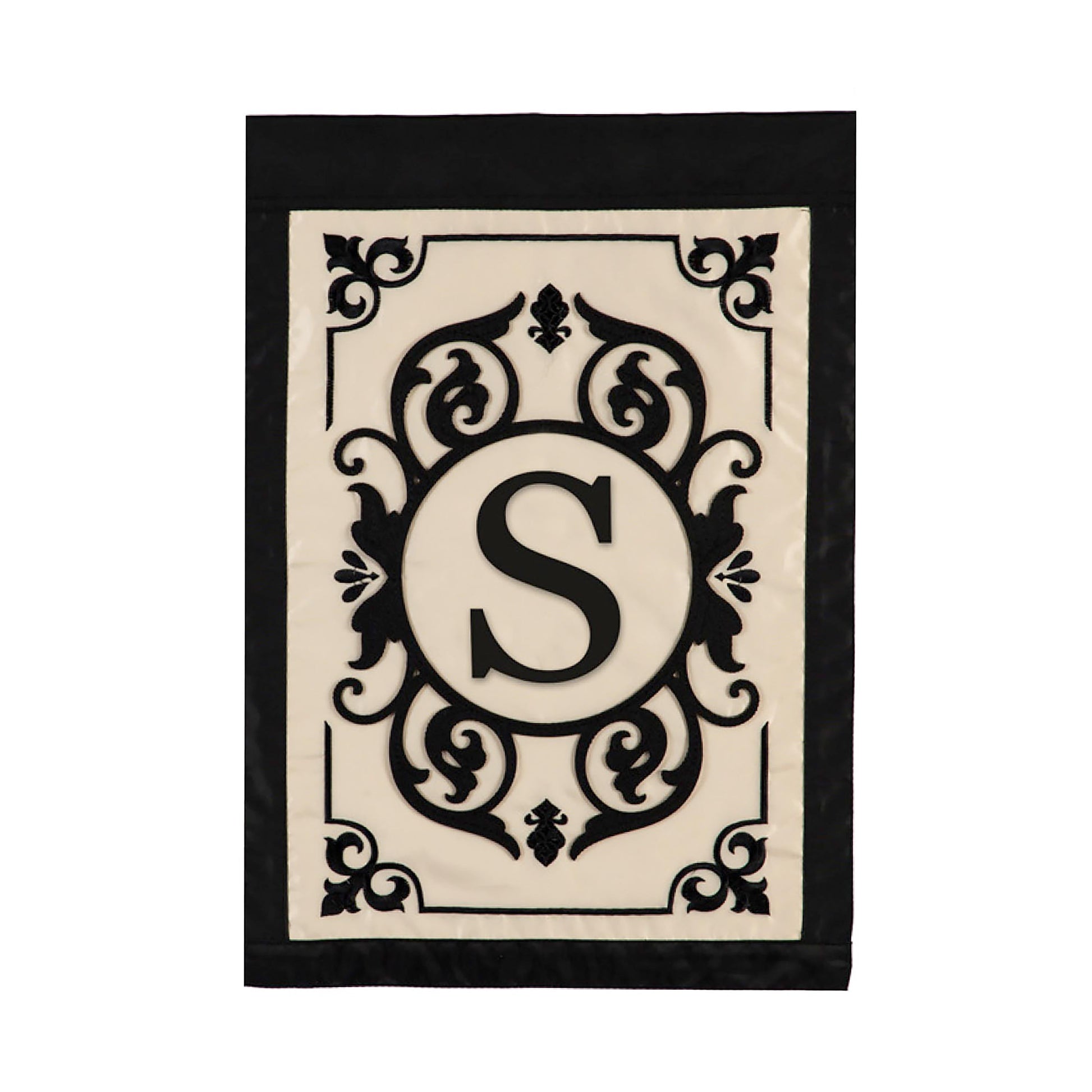 Cambridge Monogram Garden Applique Flag S with black ornate border on cream background on Tampa Home & Garden Store