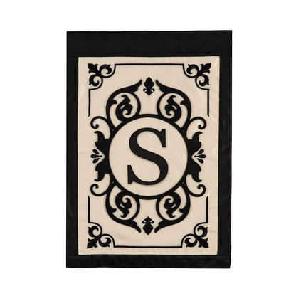 Cambridge Monogram Garden Applique Flag S with black ornate border on cream background on Tampa Home & Garden Store