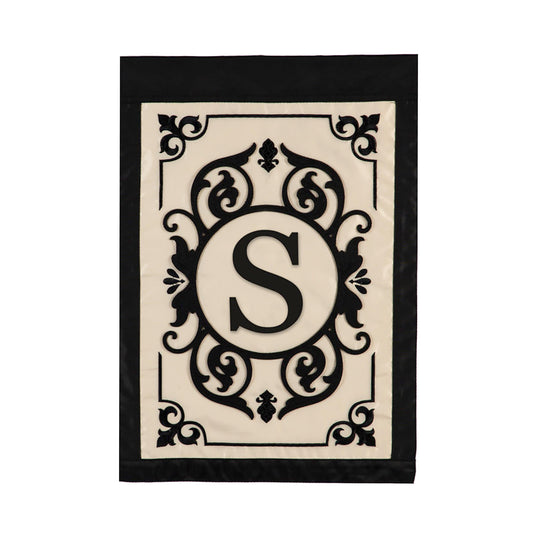 Cambridge Monogram Garden Applique Flag S with black ornate border on cream background on Tampa Home & Garden Store