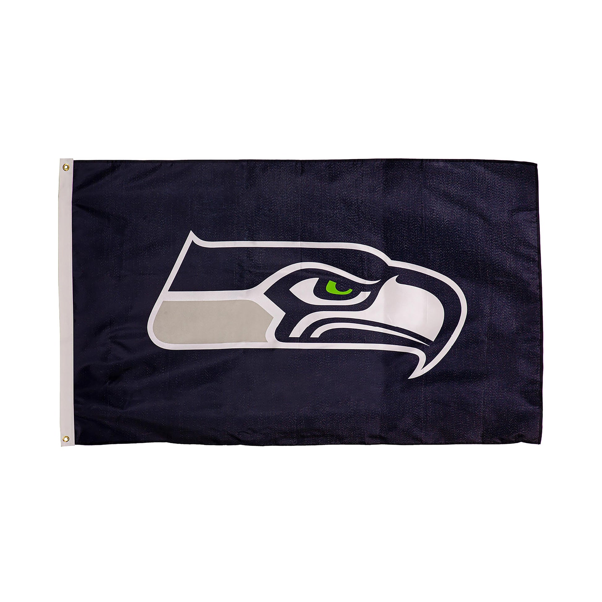 Seattle Seahawks flag navy sublimated with team logo, 2 grommets left edge, 3x5 Evergreen on Tampa Home & Garden Store