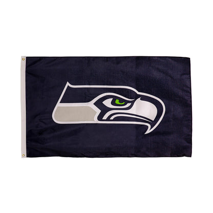 Seattle Seahawks flag navy sublimated with team logo, 2 grommets left edge, 3x5 Evergreen on Tampa Home & Garden Store