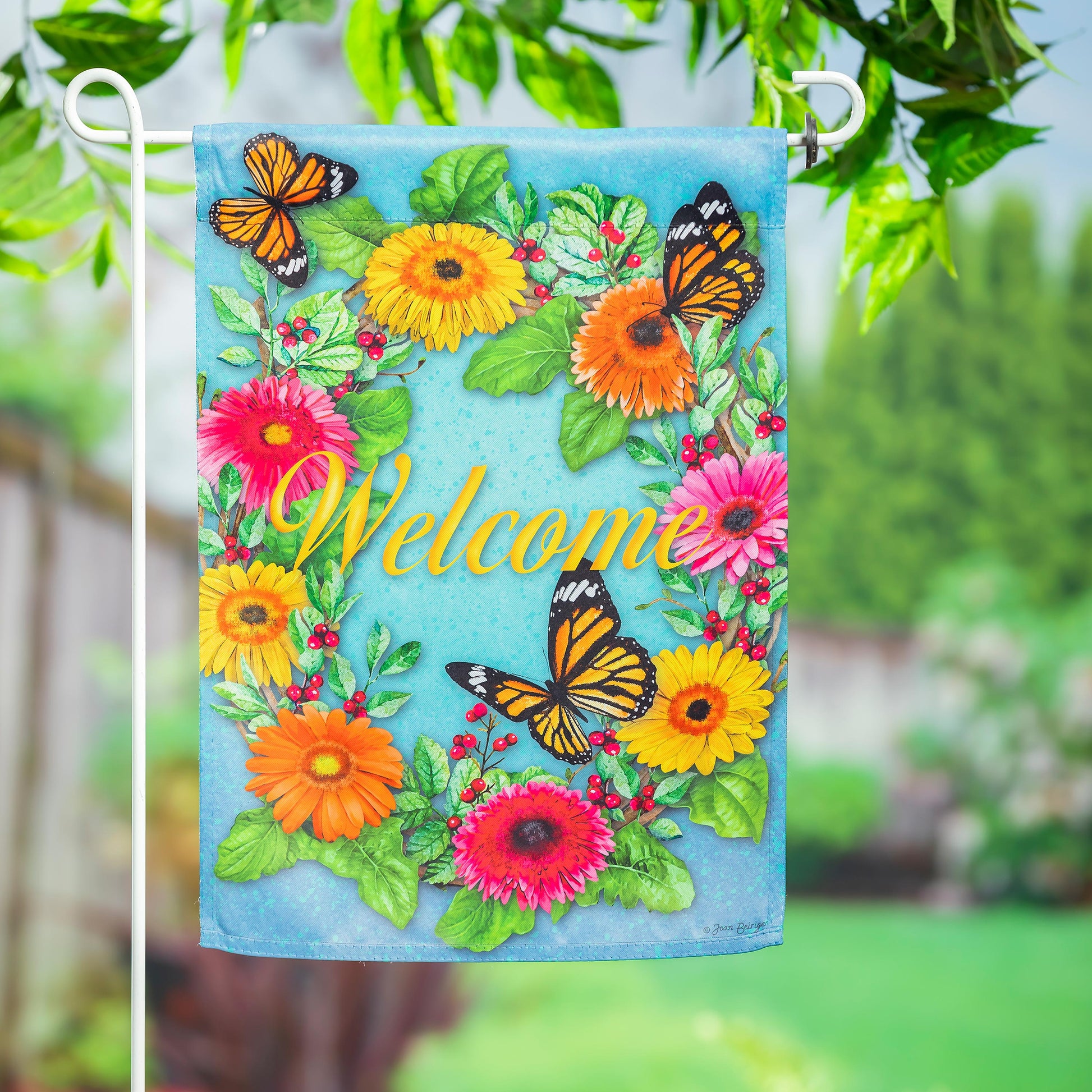 Suede garden flag Gerbera Butterflies on blue background with vibrant flowers Monarchs Evergreen on Tampa Home & Garden Store