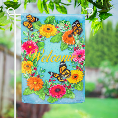 Suede garden flag Gerbera Butterflies on blue background with vibrant flowers Monarchs Evergreen on Tampa Home & Garden Store