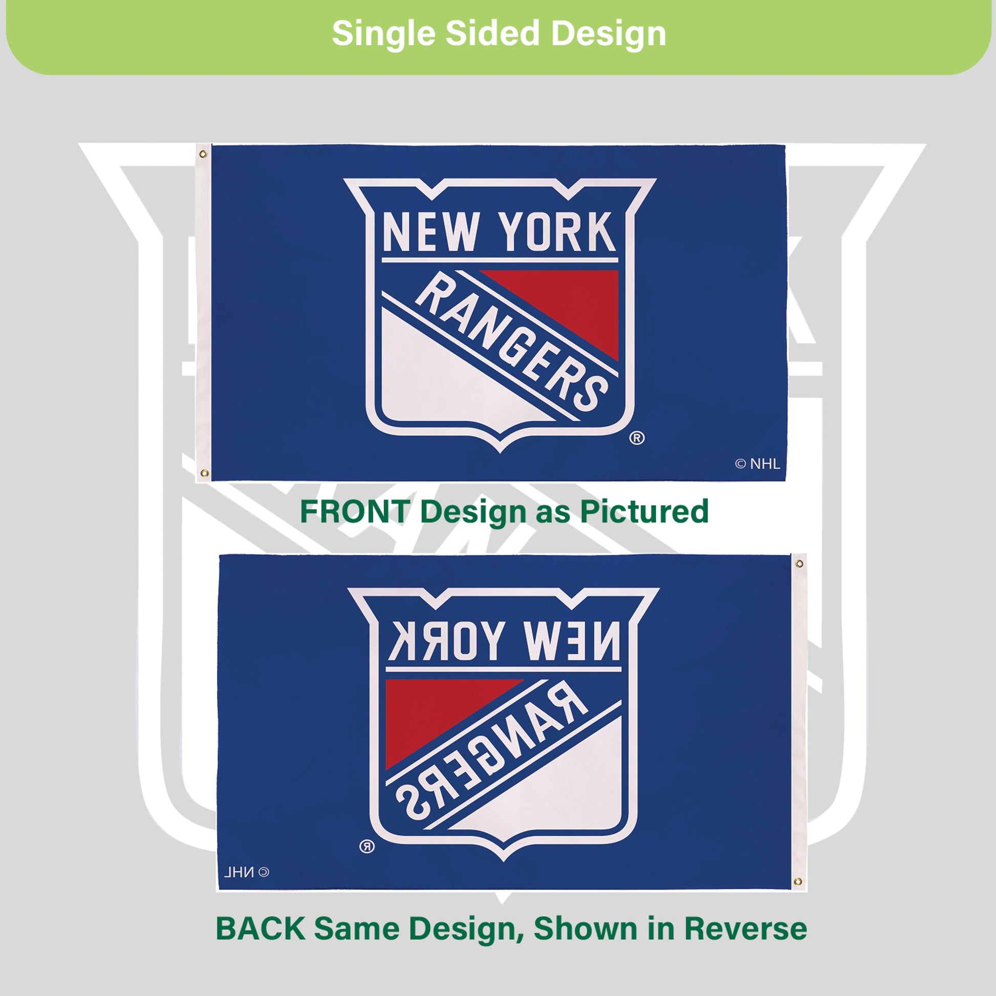 New York Rangers single-sided 3x5 flag with 2 grommets, sublimated by Evergreen Enterprises on Tampa Home & Garden Store