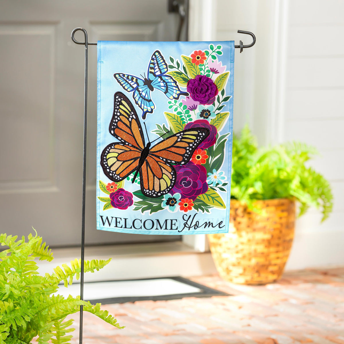Welcome Home Butterflies Applique Garden Flag blue with floral motif Evergreen Enterprises on Tampa Home & Garden Store