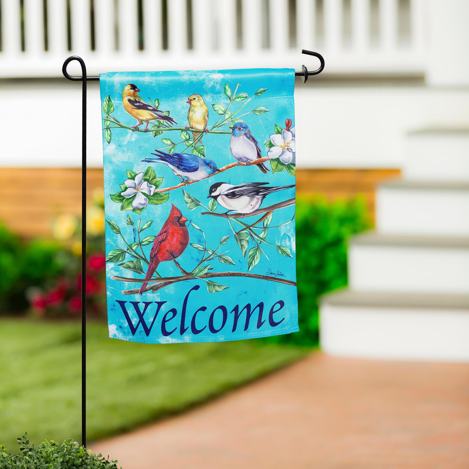 Multi Birds Suede Garden Flag turquoise blue background with birds on branches on Tampa Home & Garden Store