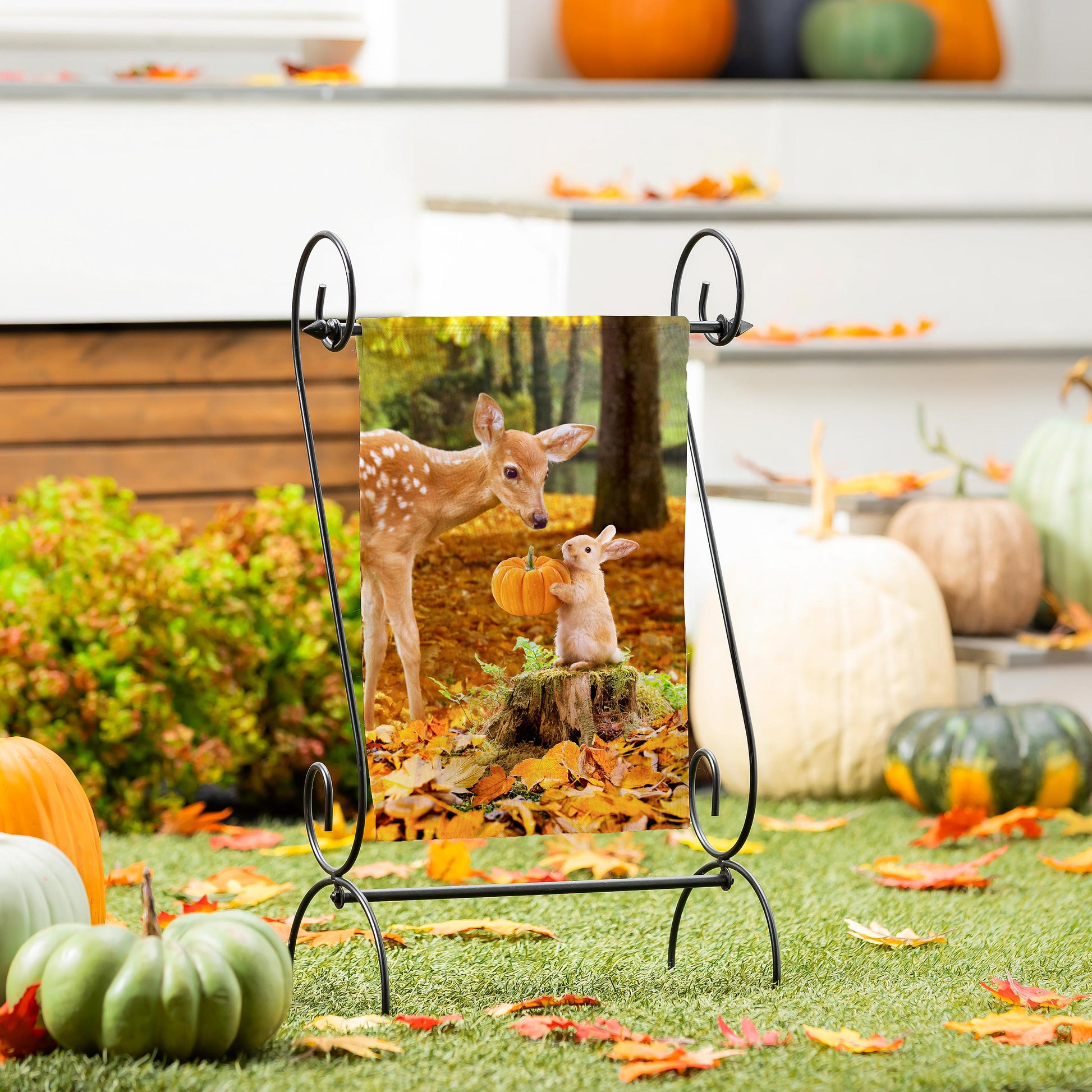 Fawn And Bunny Suede Garden Flag with deer and bunny in autumn leaves on Tampa Home & Garden Store