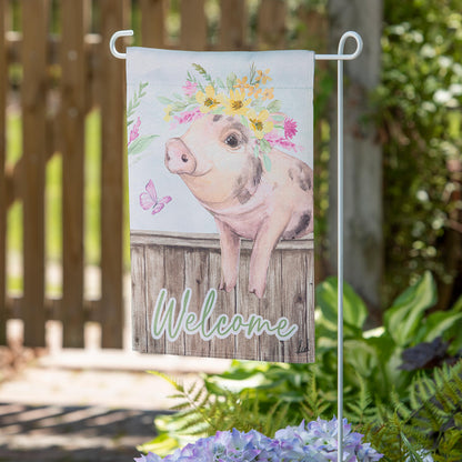 Suede garden flag by Evergreen Enterprises with pig and floral crown on Tampa Home & Garden Store