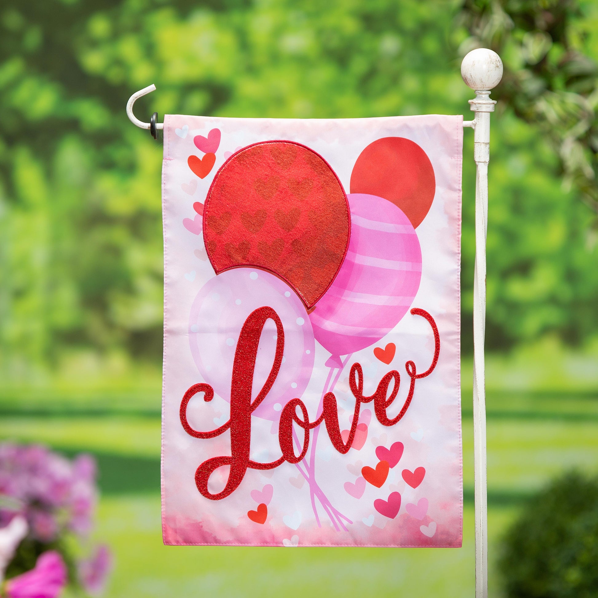 Valentine Love Balloon Applique Garden Flag pink with red glitter hearts and balloons on Tampa Home & Garden Store
