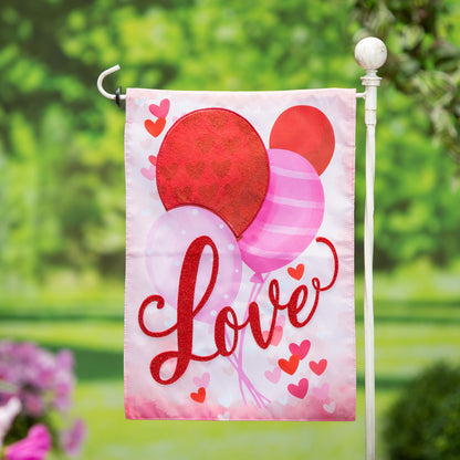 Valentine Love Balloon Applique Garden Flag pink with red glitter hearts and balloons on Tampa Home & Garden Store