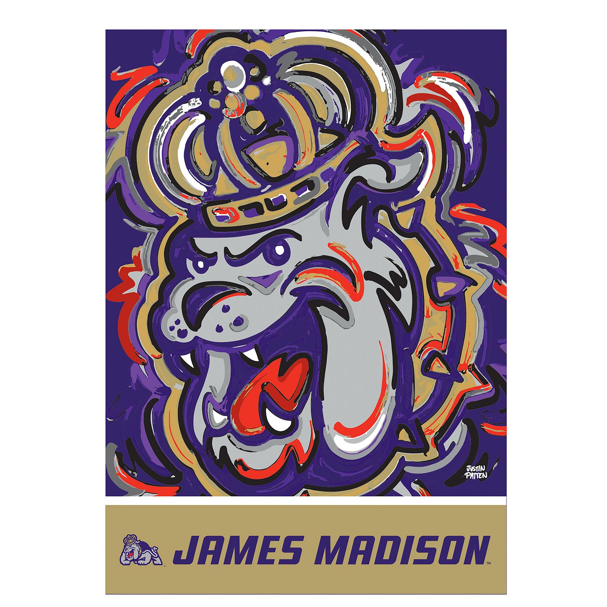 James Madison University suede flag with purple-gold abstract motif, Evergreen brand on Tampa Home & Garden Store