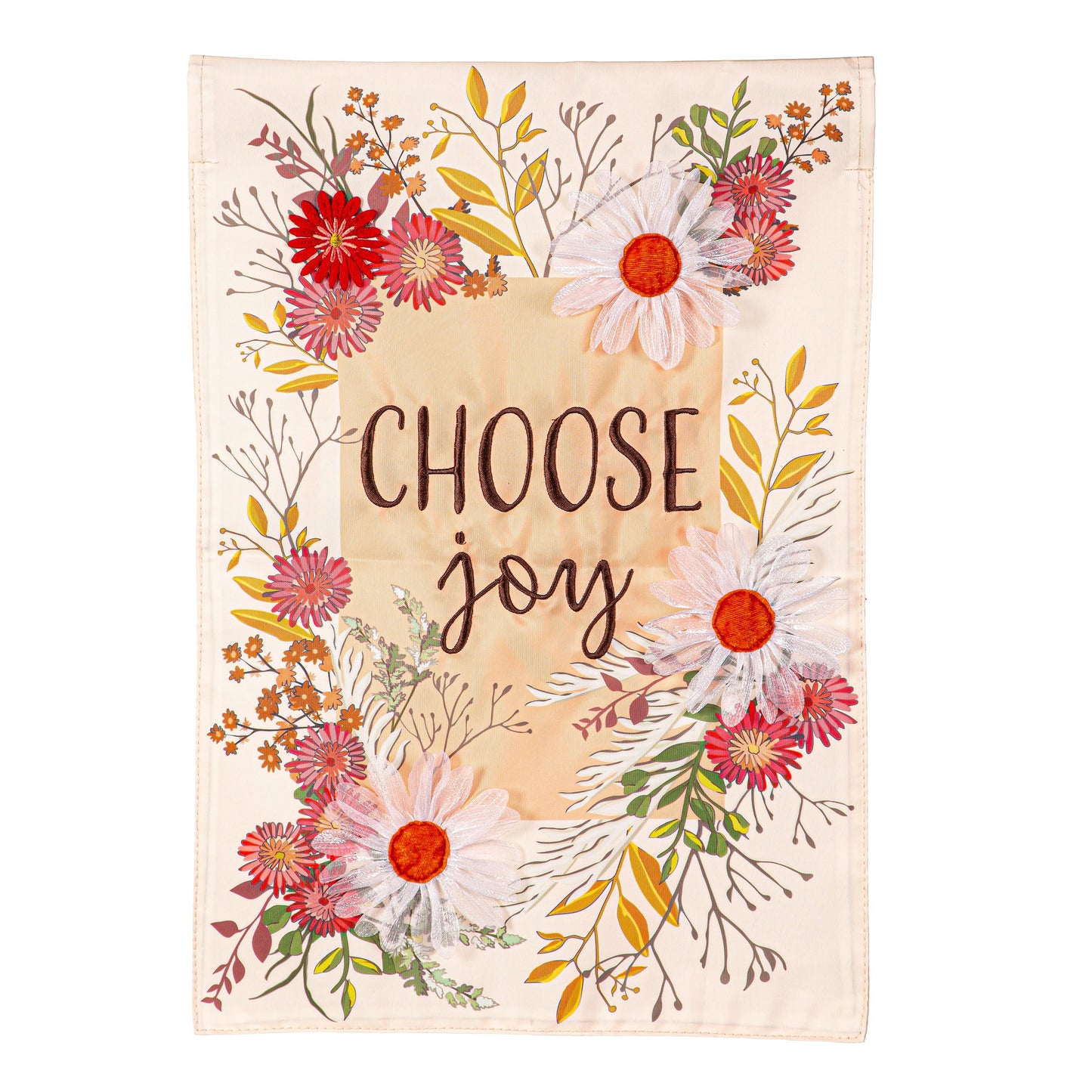 Choose Joy Applique Garden Flag Evergreen Enterprises floral bouquet on peach background on Tampa Home & Garden Store