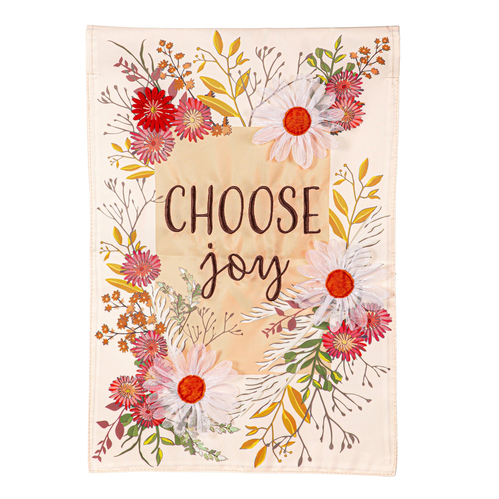 Choose Joy Applique Garden Flag Evergreen Enterprises floral bouquet on peach background on Tampa Home & Garden Store