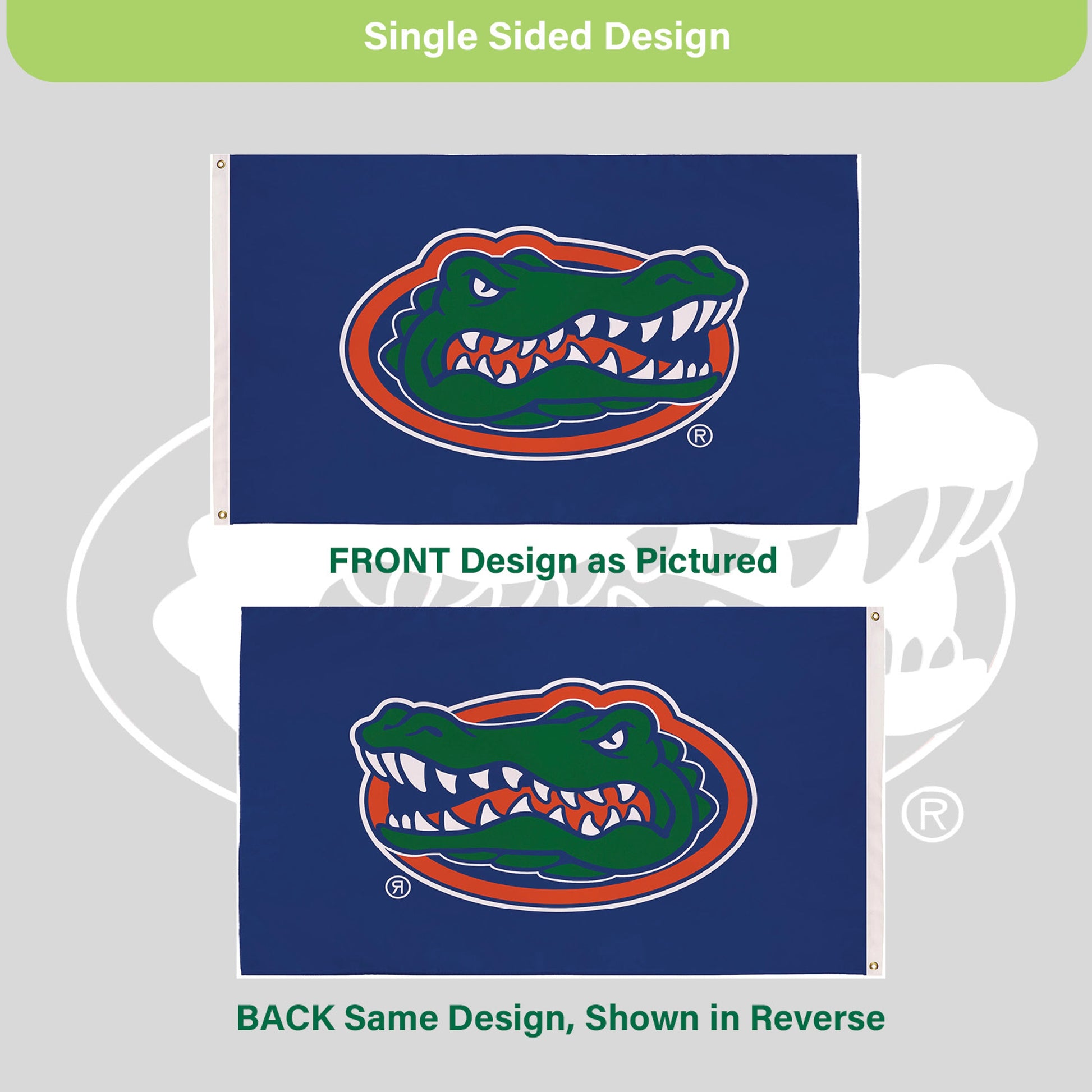 University of Florida 3x5 single-sided sublimated flag with 2 grommets, blue field and Gators logo on Tampa Home & Garden Store