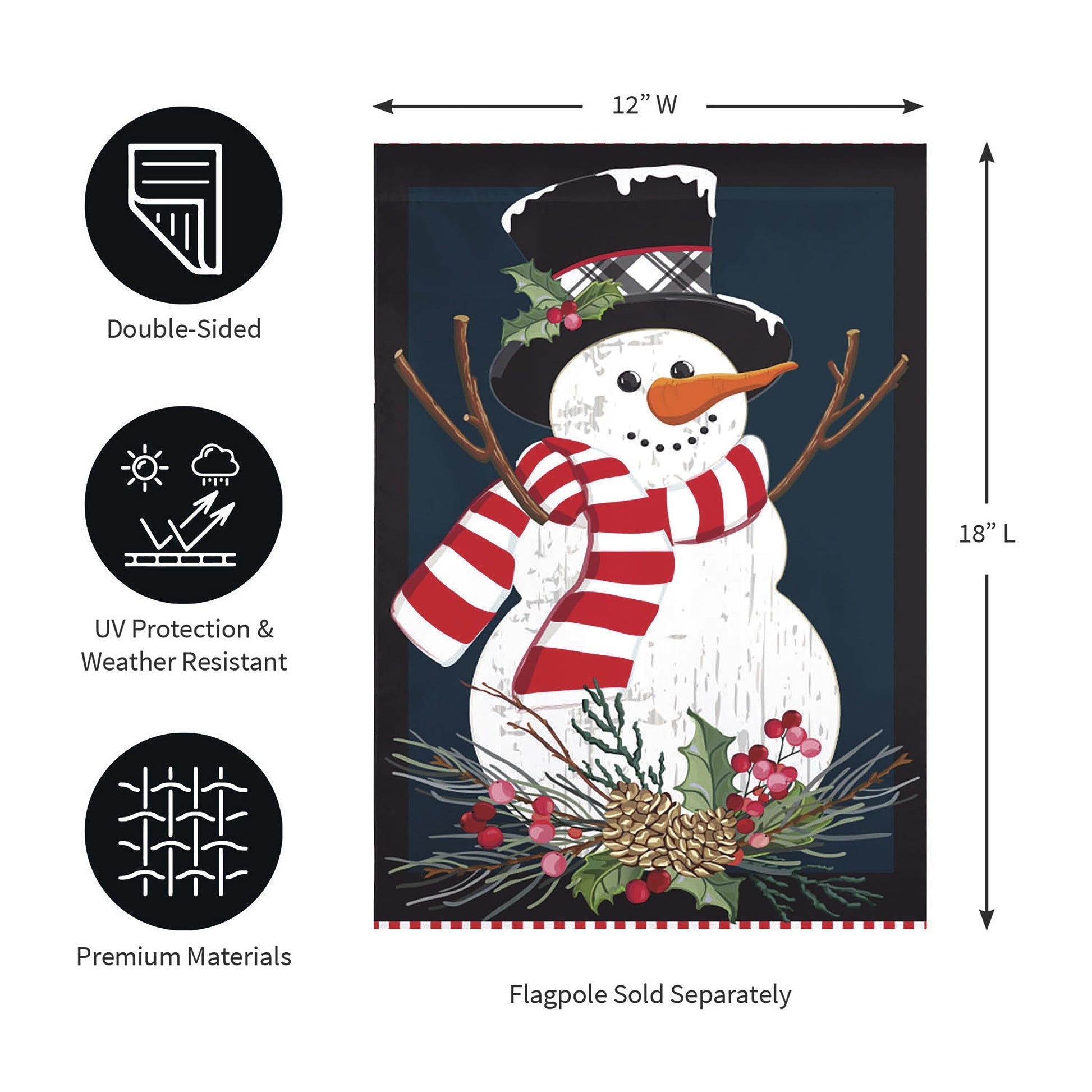 Holly Snowman Burlap Garden Flag with red striped scarf on blue background holly pinecones on Tampa Home & Garden Store
