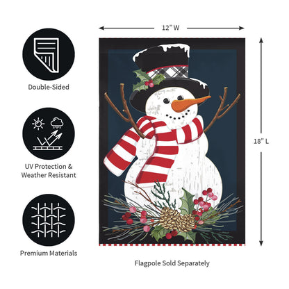 Holly Snowman Burlap Garden Flag with red striped scarf on blue background holly pinecones on Tampa Home & Garden Store