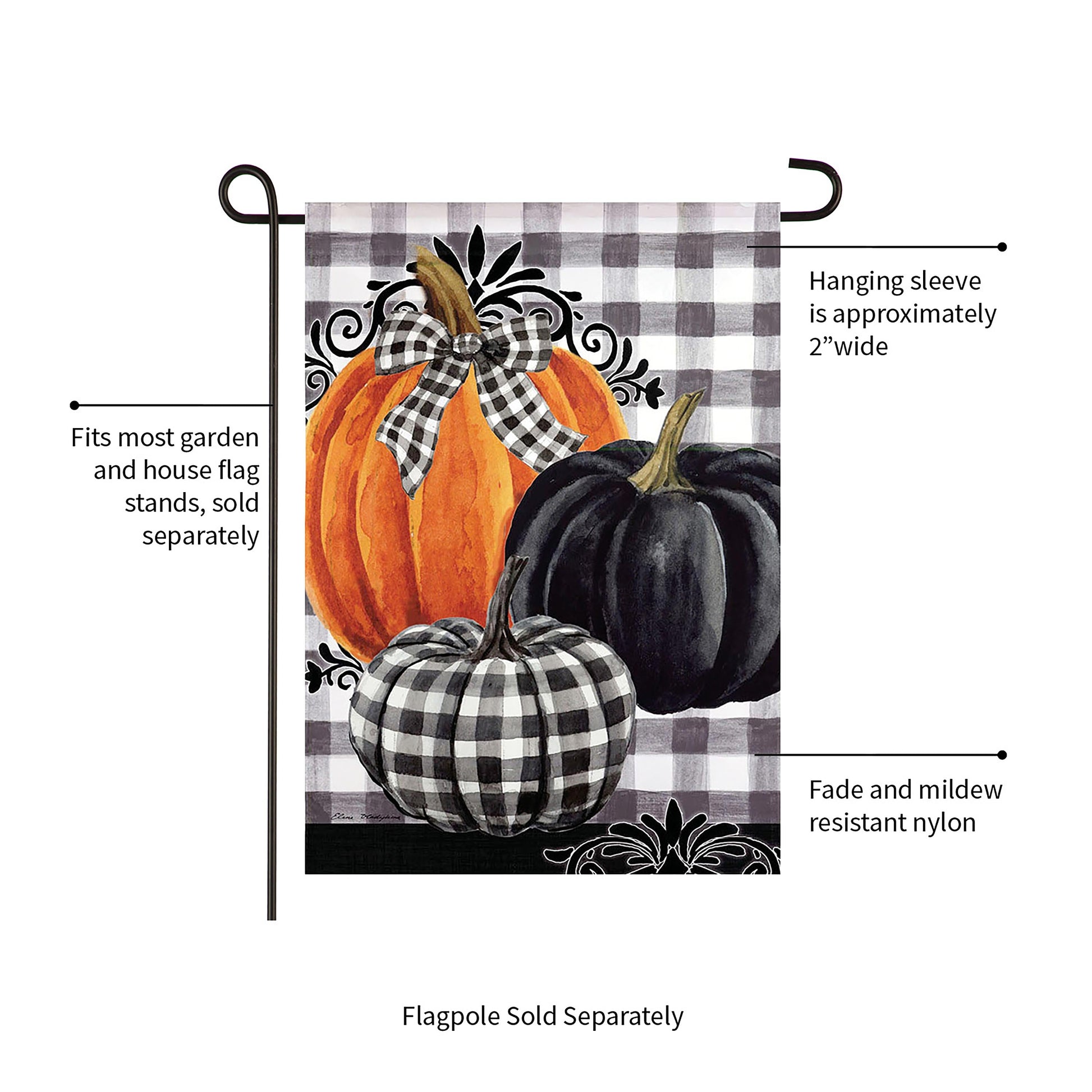 Pumpkin Check Garden Suede Flag Evergreen Enterprises; orange pumpkins with black plaid bow on Tampa Home & Garden Store