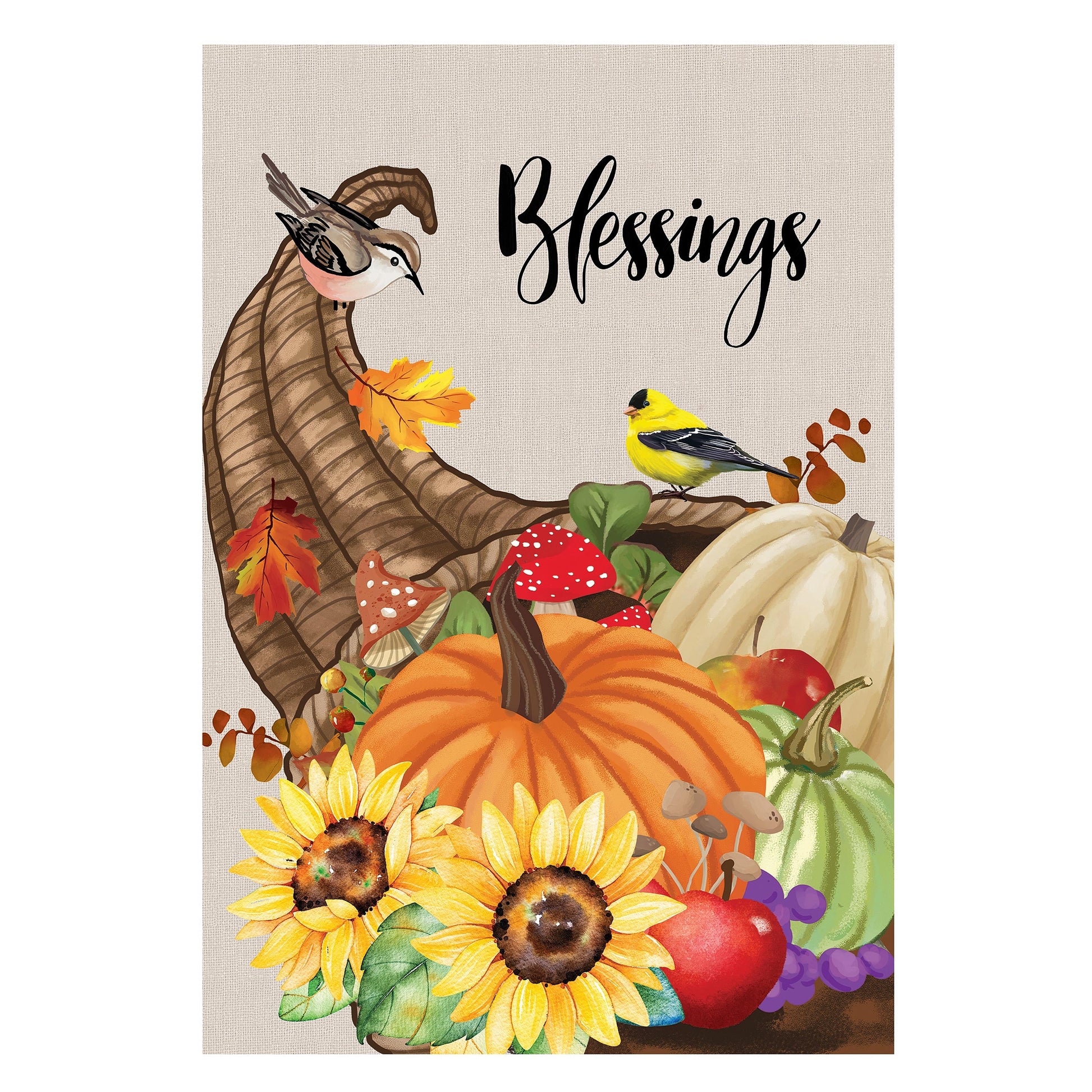 Grateful Cornucopia Suede Garden Flag with pumpkins, sunflowers and birds on burlap on Tampa Home & Garden Store