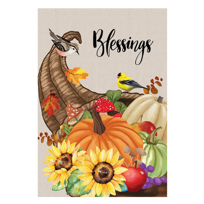 Grateful Cornucopia Suede Garden Flag with pumpkins, sunflowers and birds on burlap on Tampa Home & Garden Store