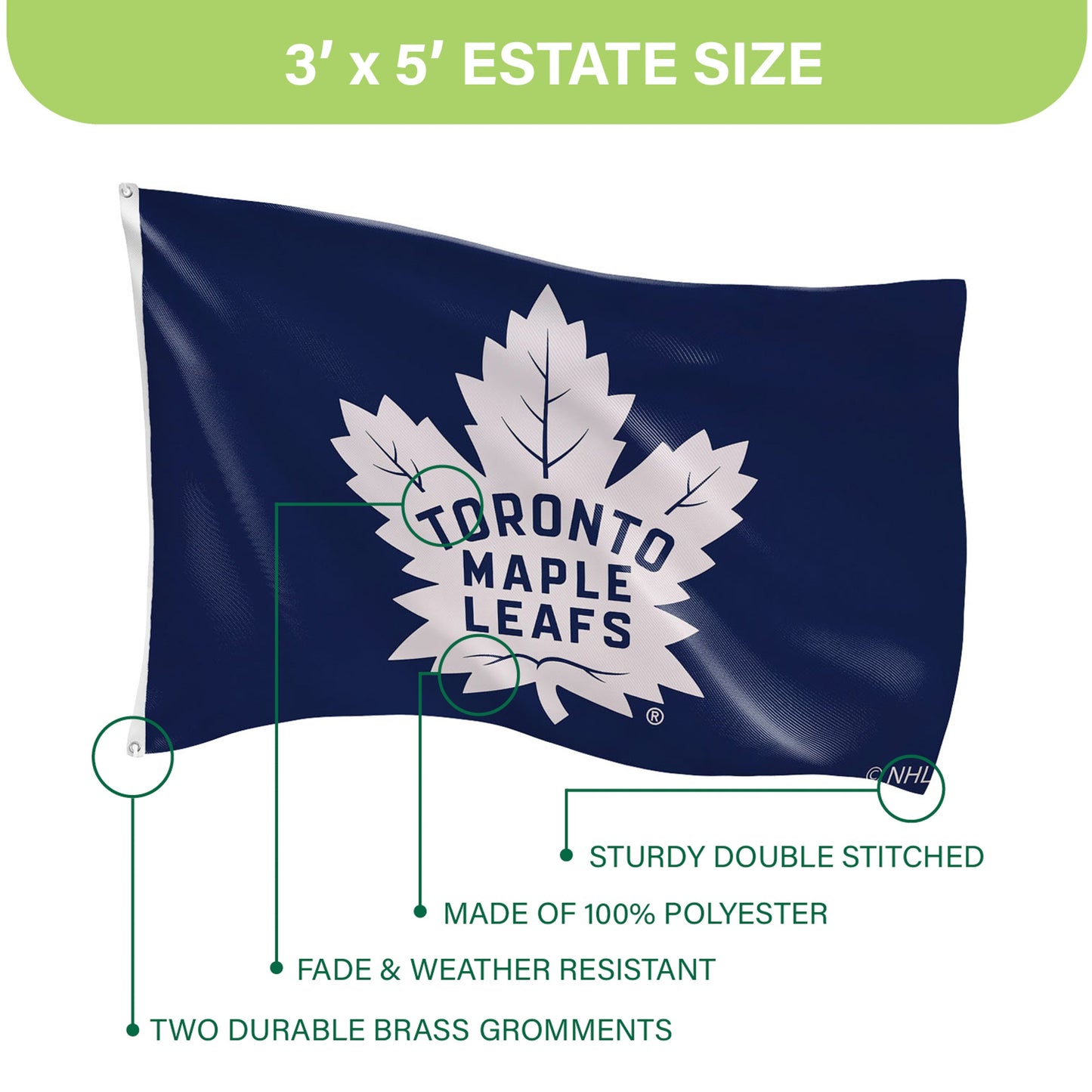 Toronto Maple Leafs 3'x5' flag single-sided sublimated, 2 brass grommets polyester on Tampa Home & Garden Store