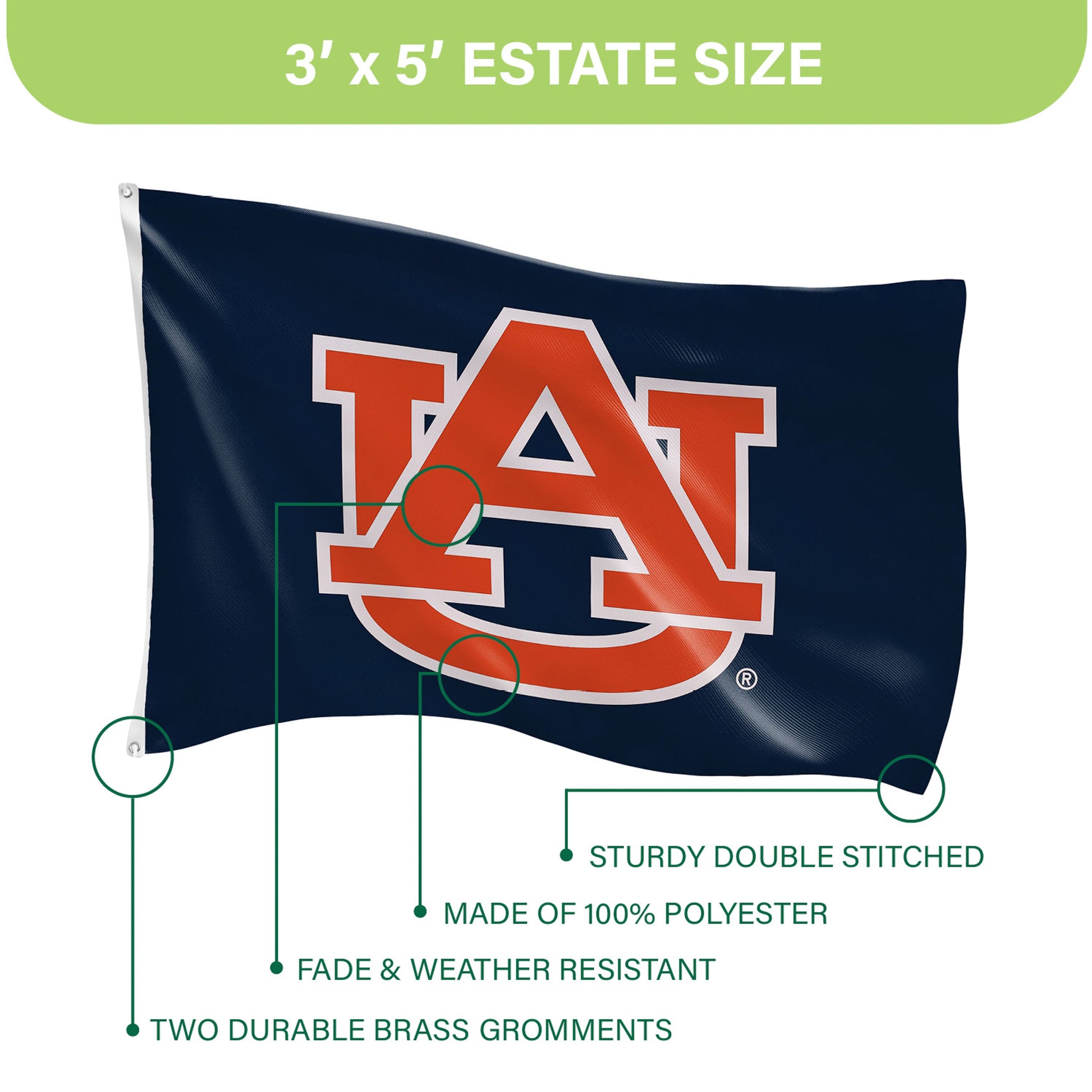 Auburn University single sided flag 3'x5', navy with orange logo, sublimated, 2 grommets on Tampa Home & Garden Store