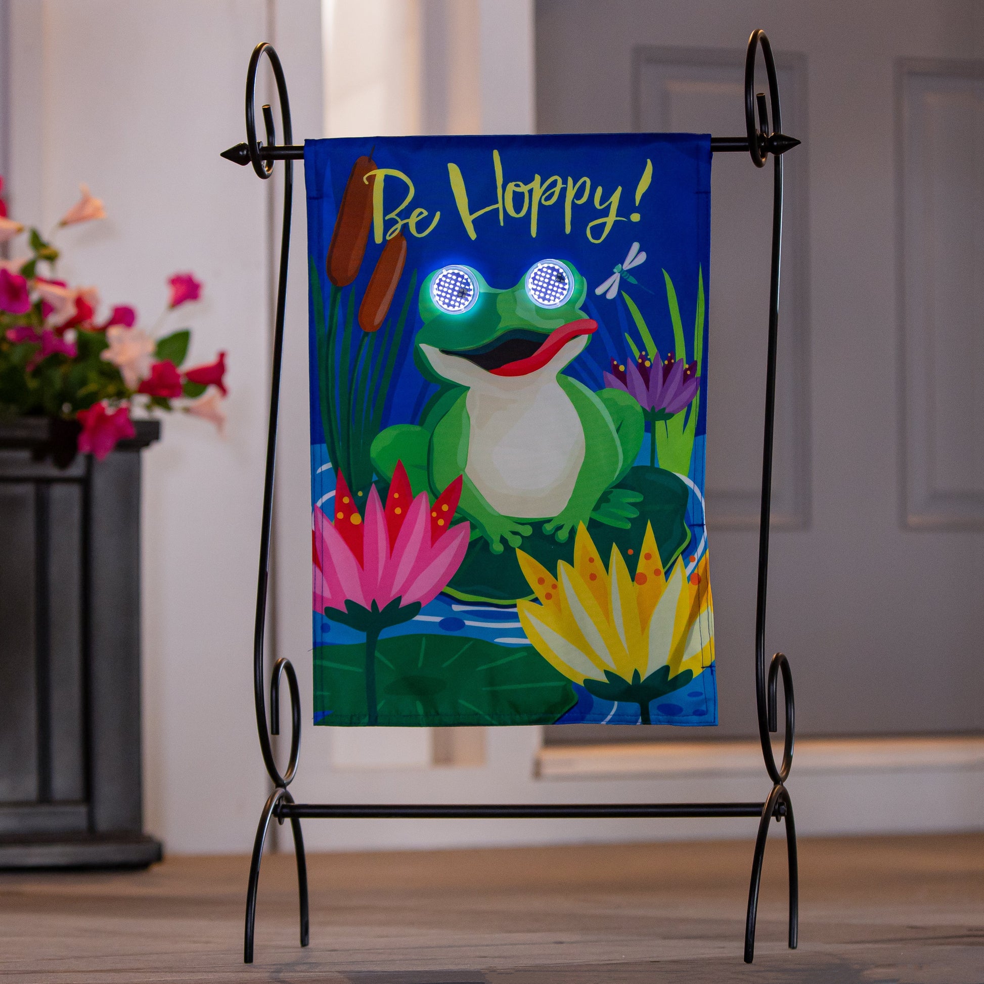 Animated Be Hoppy Applique Lighted Garden Flag frog with LED eyes Evergreen Enterprises on Tampa Home & Garden Store