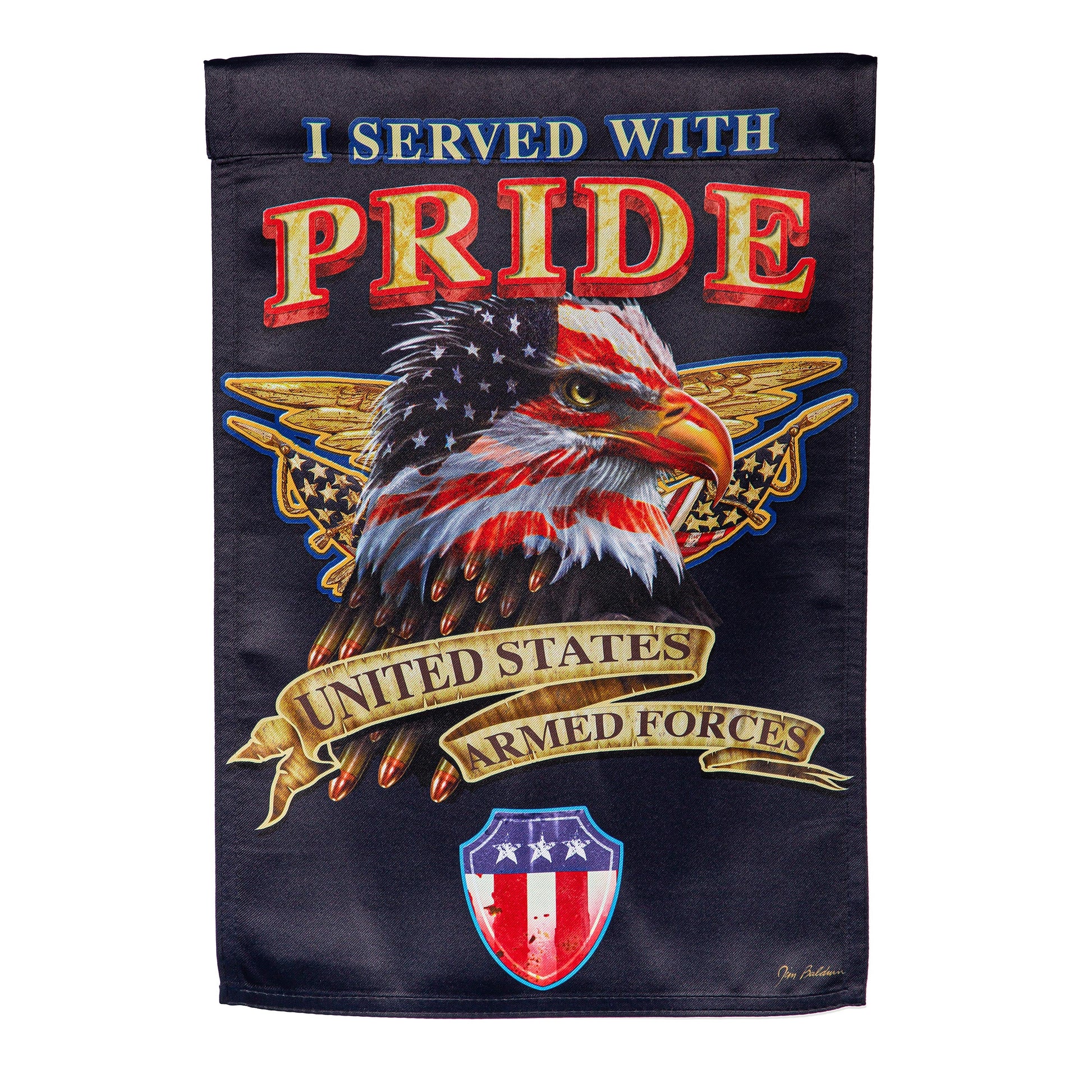 I Served With Pride Suede Garden Flag featuring PRIDE lettering and eagle motif on navy on Tampa Home & Garden Store