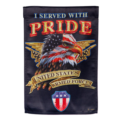 I Served With Pride Suede Garden Flag featuring PRIDE lettering and eagle motif on navy on Tampa Home & Garden Store