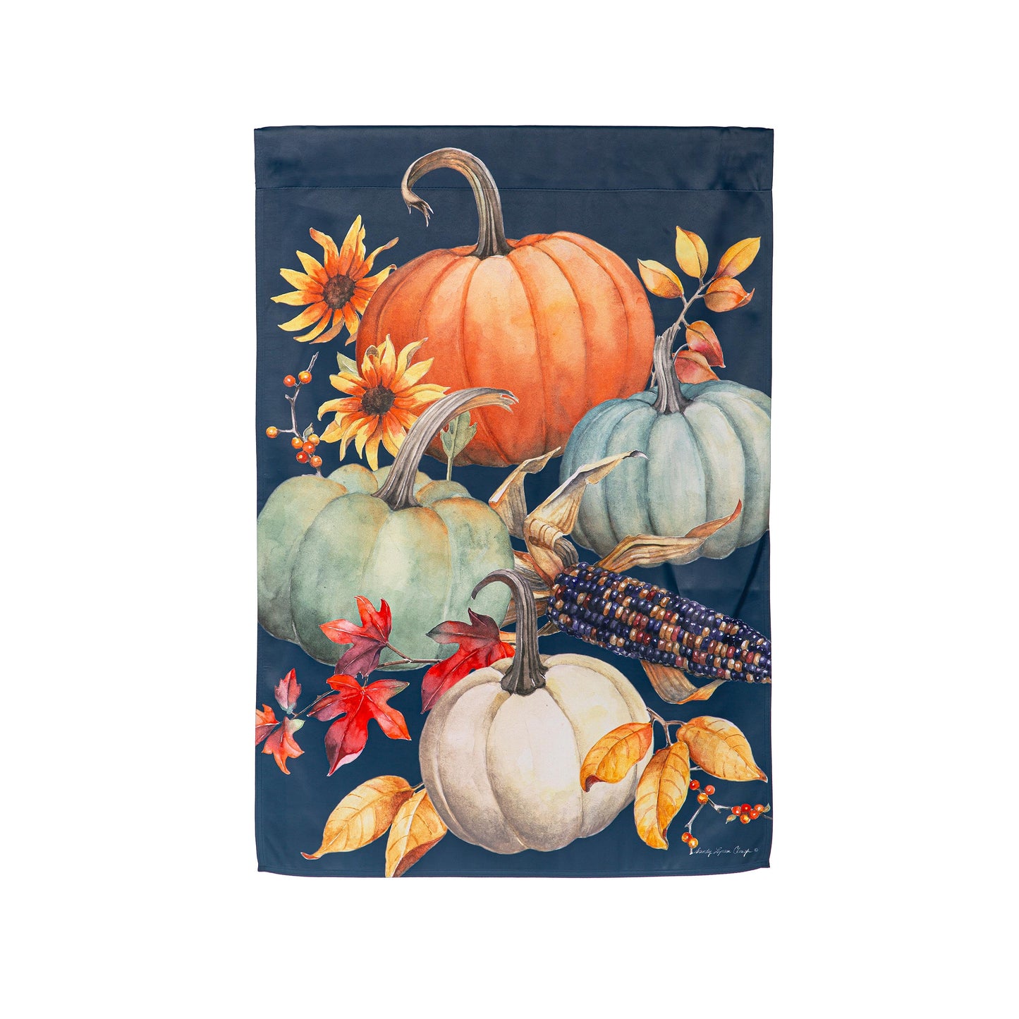All Things Pumpkins suede house flag with orange pumpkin and sunflowers on navy background on Tampa Home & Garden Store