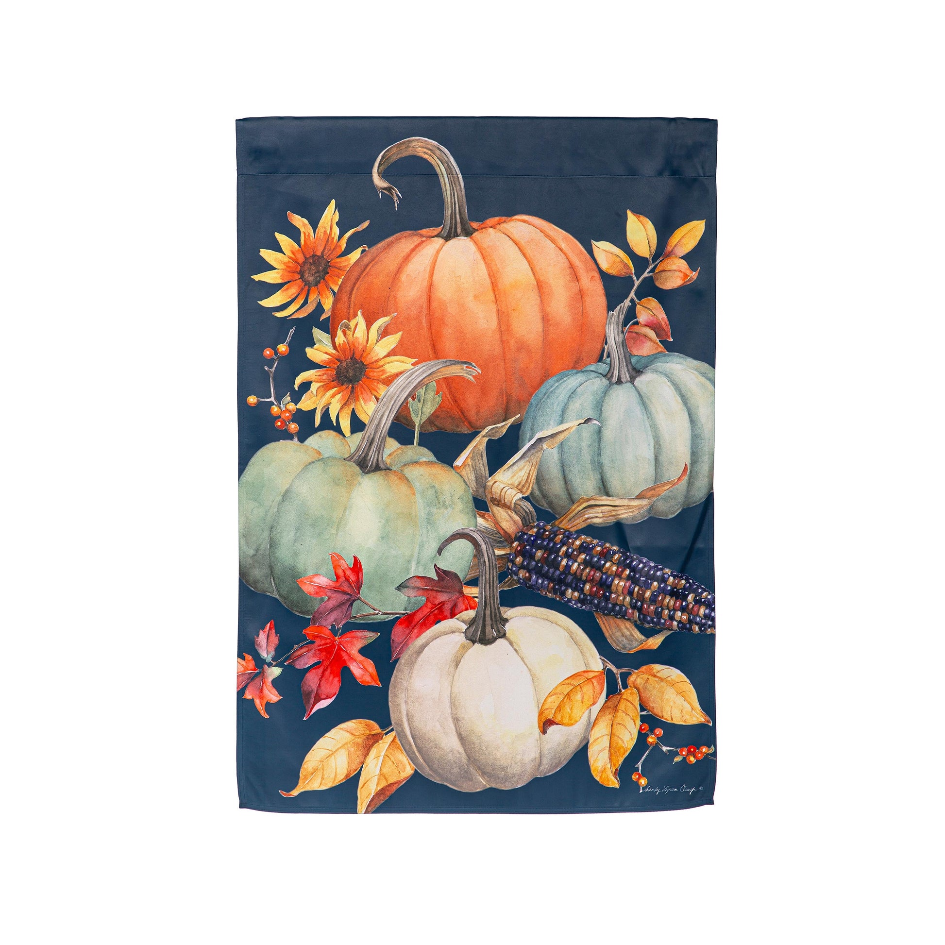 All Things Pumpkins suede house flag with orange pumpkin and sunflowers on navy background on Tampa Home & Garden Store