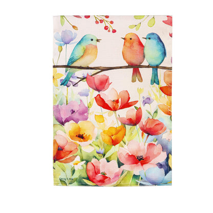 Bird Talk Burlap Garden Flag with three colorful birds on a branch among bright flowers on Tampa Home & Garden Store